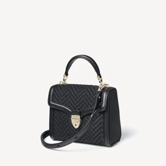 Midi Mayfair Bag Black Chevron Raffia and Smooth Black Women Aspinal Of London Shoulder