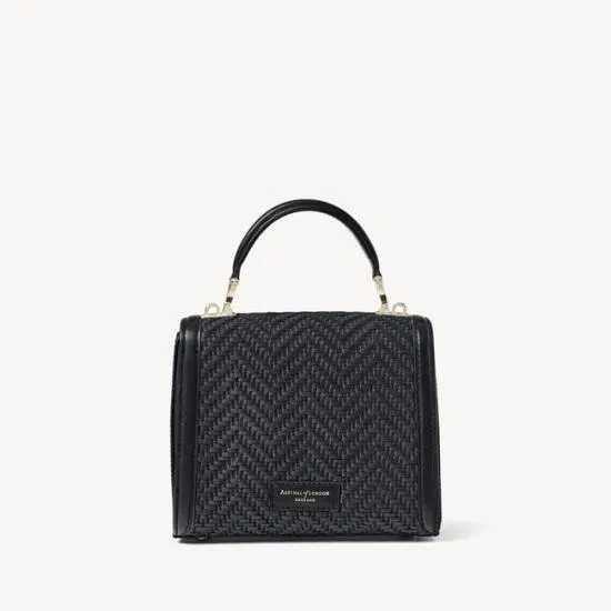 Midi Mayfair Bag Black Chevron Raffia and Smooth Black Women Aspinal Of London Shoulder