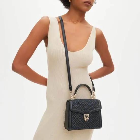 Midi Mayfair Bag Black Chevron Raffia and Smooth Black Women Aspinal Of London Shoulder