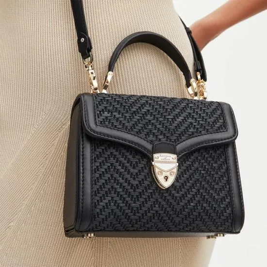 Midi Mayfair Bag Black Chevron Raffia and Smooth Black Women Aspinal Of London Shoulder