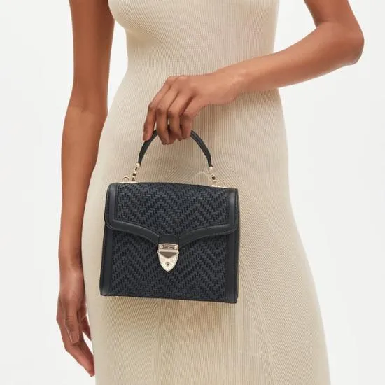 Midi Mayfair Bag Black Chevron Raffia and Smooth Black Women Aspinal Of London Shoulder