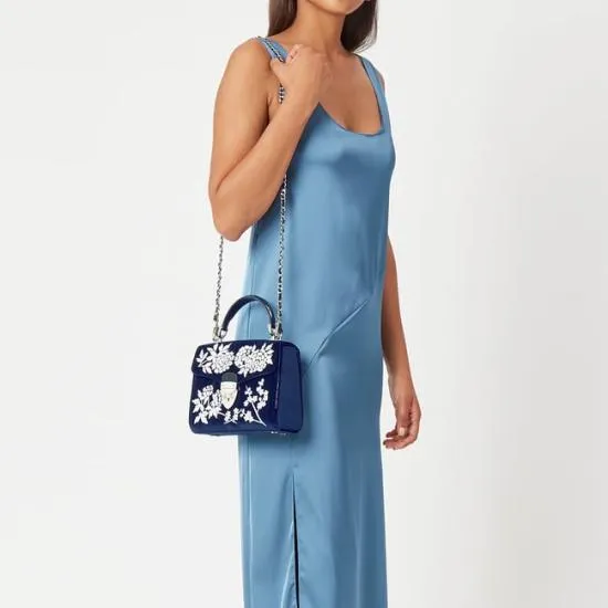 Midi Mayfair Bag Navy and White Flowers Hand Embroidery On Velvet Women Aspinal Of London Shoulder