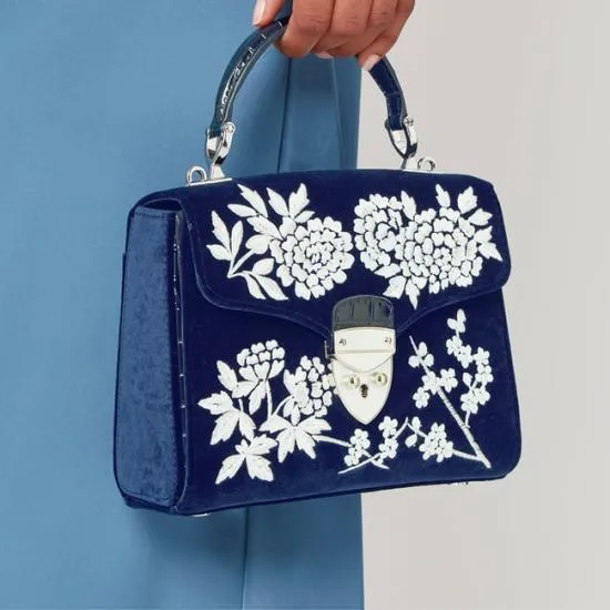 Midi Mayfair Bag Navy and White Flowers Hand Embroidery On Velvet Women Aspinal Of London Shoulder
