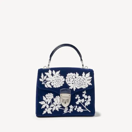 Midi Mayfair Bag Navy and White Flowers Hand Embroidery On Velvet Women Aspinal Of London Shoulder