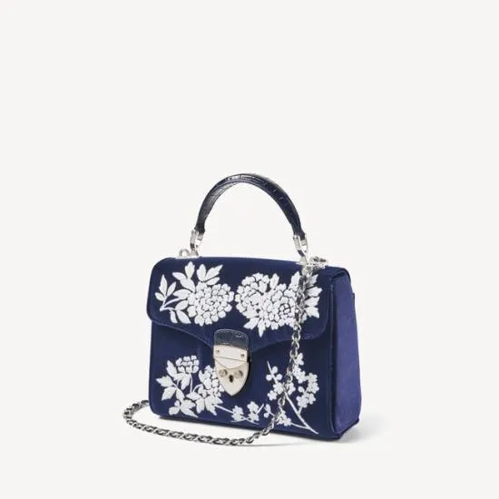 Midi Mayfair Bag Navy and White Flowers Hand Embroidery On Velvet Women Aspinal Of London Shoulder
