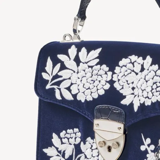 Midi Mayfair Bag Navy and White Flowers Hand Embroidery On Velvet Women Aspinal Of London Shoulder