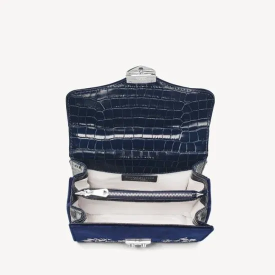 Midi Mayfair Bag Navy and White Flowers Hand Embroidery On Velvet Women Aspinal Of London Shoulder