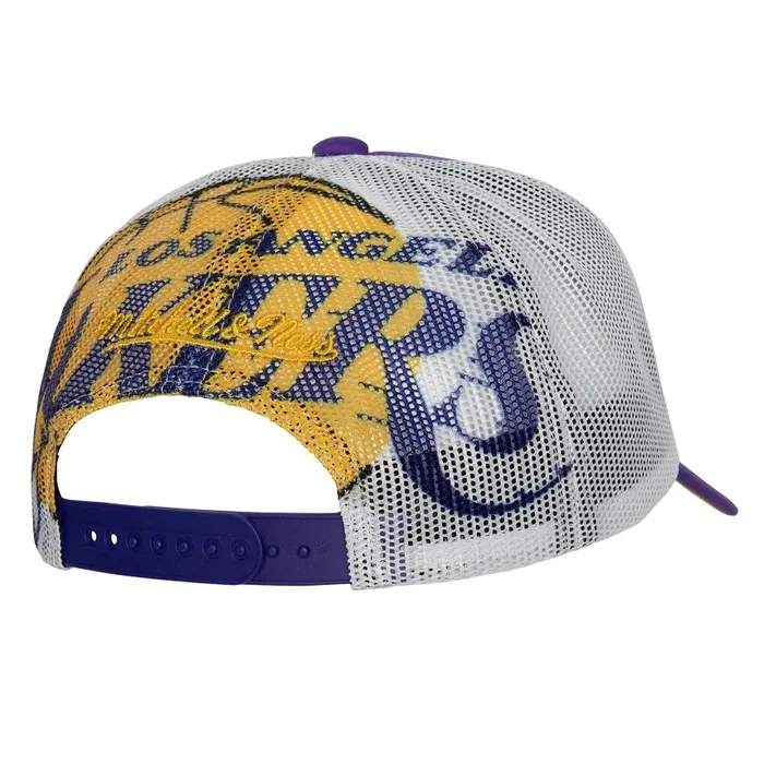 Mitchell and Ness Off The Backboard Trucker Snapback Los Angeles Lakers Men Hats and Headwear Mitchell and Ness Off The Backboard Trucker Snapback Los Angeles Lakers Men Hats and Headwear