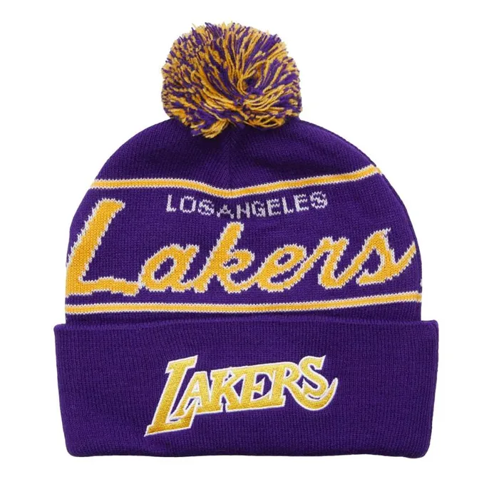 Mitchell and Ness Script Pom Beanie HWC Los Angeles Lakers Men Hats and Headwear Mitchell and Ness Script Pom Beanie HWC Los Angeles Lakers Men Hats and Headwear