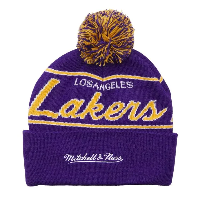 Mitchell and Ness Script Pom Beanie HWC Los Angeles Lakers Men Hats and Headwear Mitchell and Ness Script Pom Beanie HWC Los Angeles Lakers Men Hats and Headwear