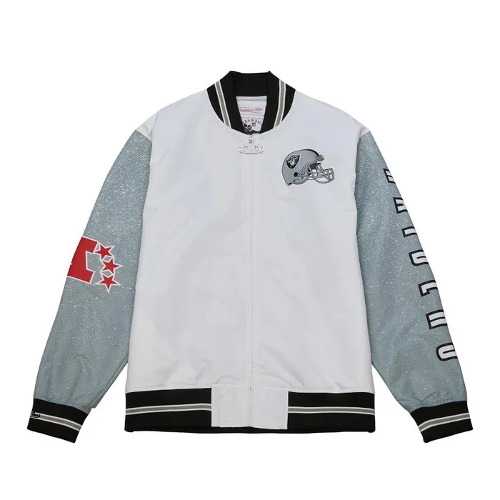 Mitchell and Ness Team Burst Warm Up Jacket Los Angeles Raiders Men Jackets and Outerwear Mitchell and Ness Team Burst Warm Up Jacket Los Angeles Raiders Men Jackets and Outerwear