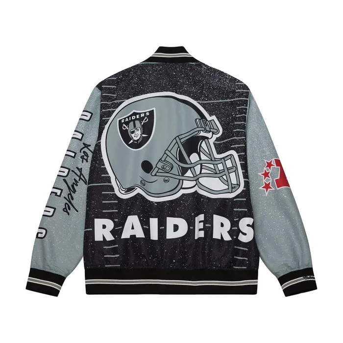 Mitchell and Ness Team Burst Warm Up Jacket Los Angeles Raiders Men Jackets and Outerwear Mitchell and Ness Team Burst Warm Up Jacket Los Angeles Raiders Men Jackets and Outerwear