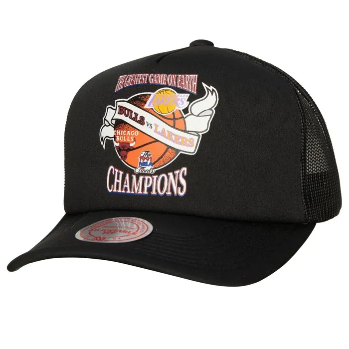 Mitchell and Ness Victory Road Trucker Snapback HWC Finals Bulls Vs Lakers Road Men Hats and Headwear Mitchell and Ness Victory Road Trucker Snapback HWC Finals Bulls Vs Lakers Road Men Hats and Headwear