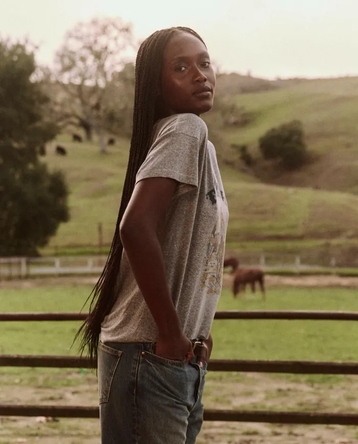 Novelty Tees and Sweats Women The Great The Boxy Crew Graphic Heather Grey With Rodeo Graphic