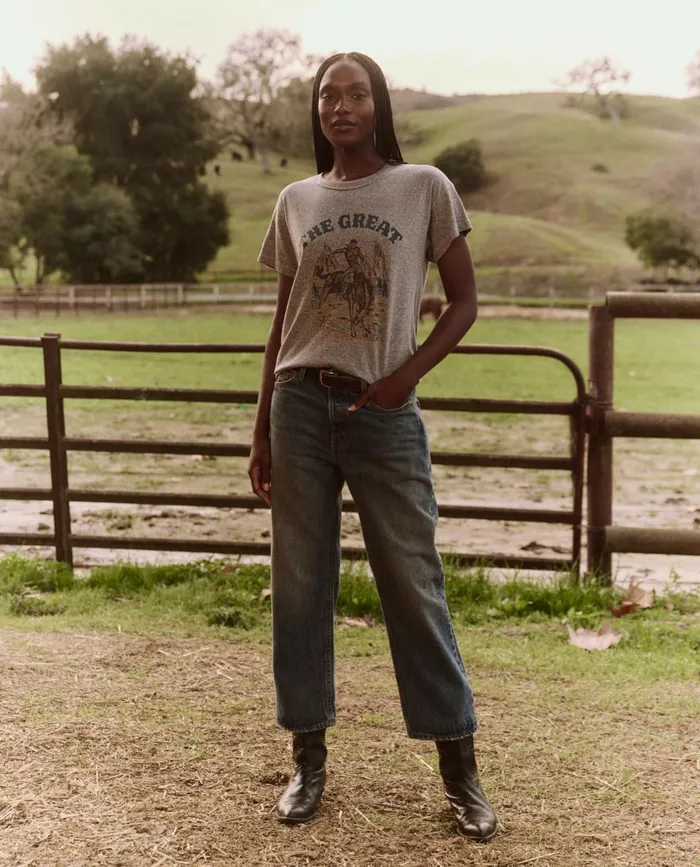 Novelty Tees and Sweats Women The Great The Boxy Crew Graphic Heather Grey With Rodeo Graphic