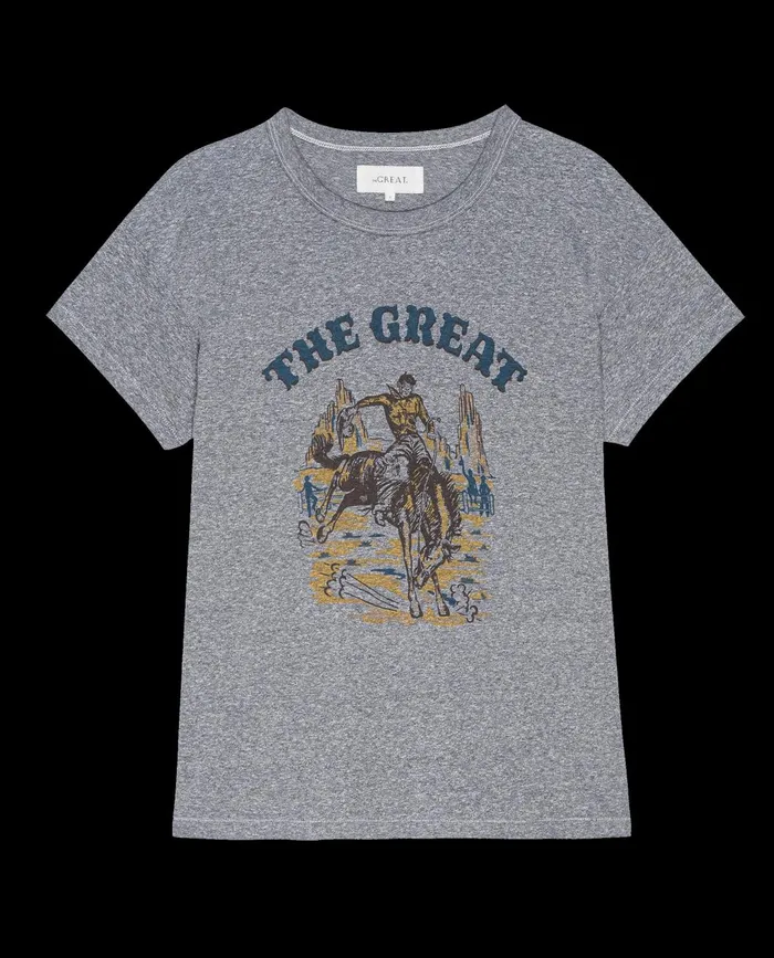 Novelty Tees and Sweats Women The Great The Boxy Crew Graphic Heather Grey With Rodeo Graphic