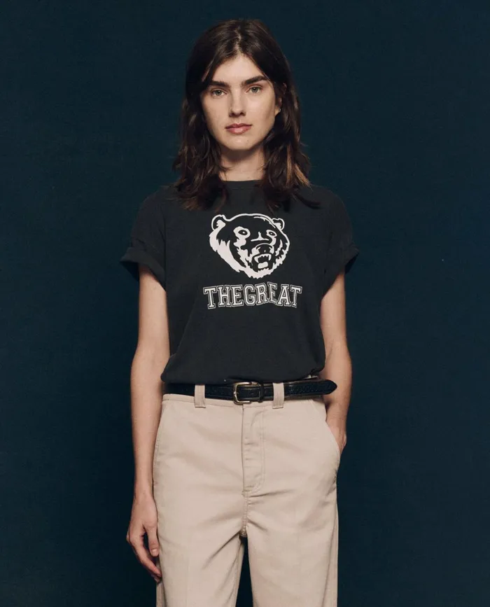 Novelty Tees and Sweats Women The Great The Boxy Crew Graphic Washed Black With Bear Graphic