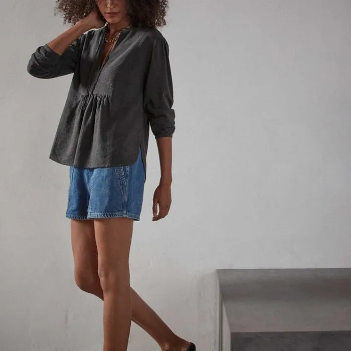 Novelty Tops Women James Perse Curved Hem Peasant Blouse Anthracite