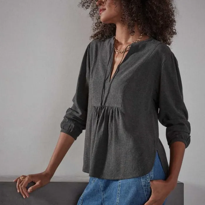 Novelty Tops Women James Perse Curved Hem Peasant Blouse Anthracite