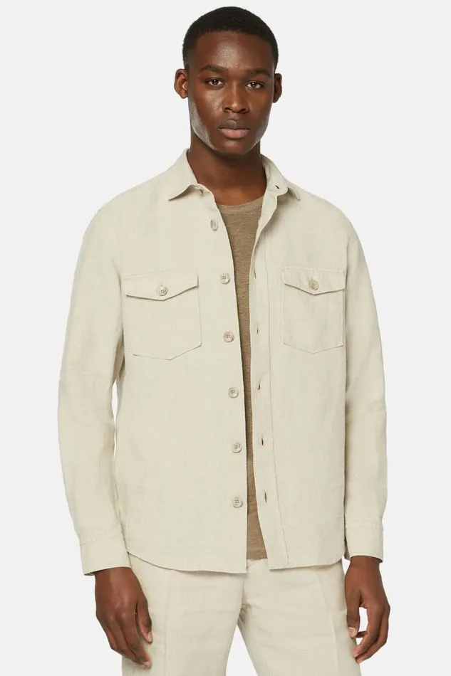 Overshirts Men Boggi Milano Beige Linen Camp Overshirt Beige Overshirts Men Boggi Milano Beige Linen Camp Overshirt Beige