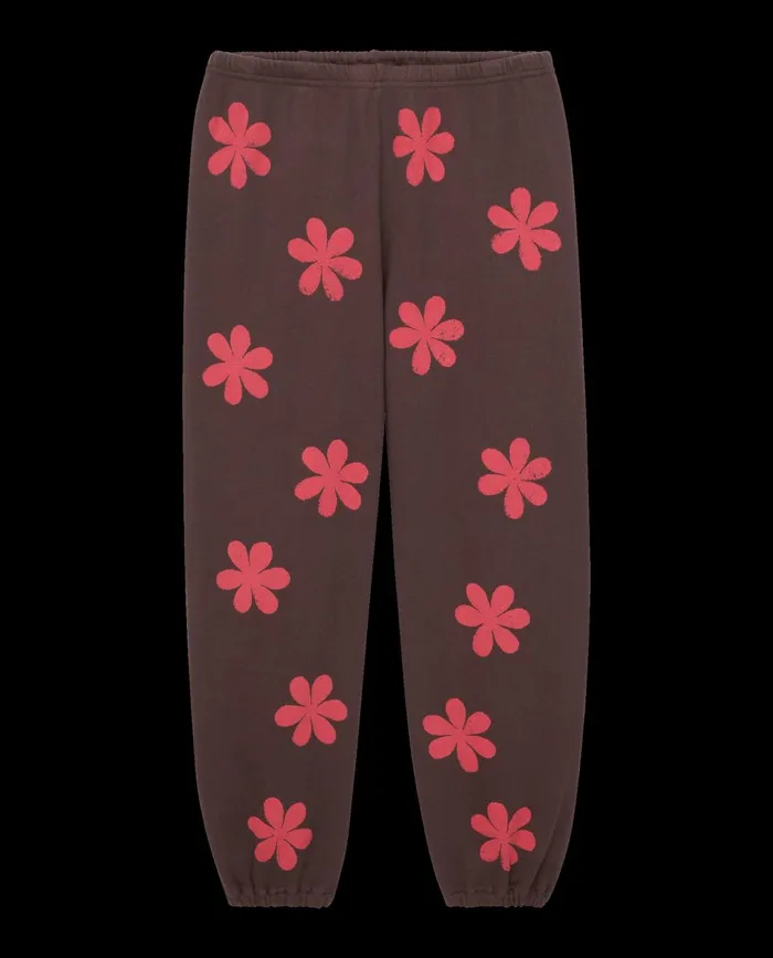 Pants Women The Great The Hand Stamped Stadium Sweatpant Mocha With Hot Red Daisy
