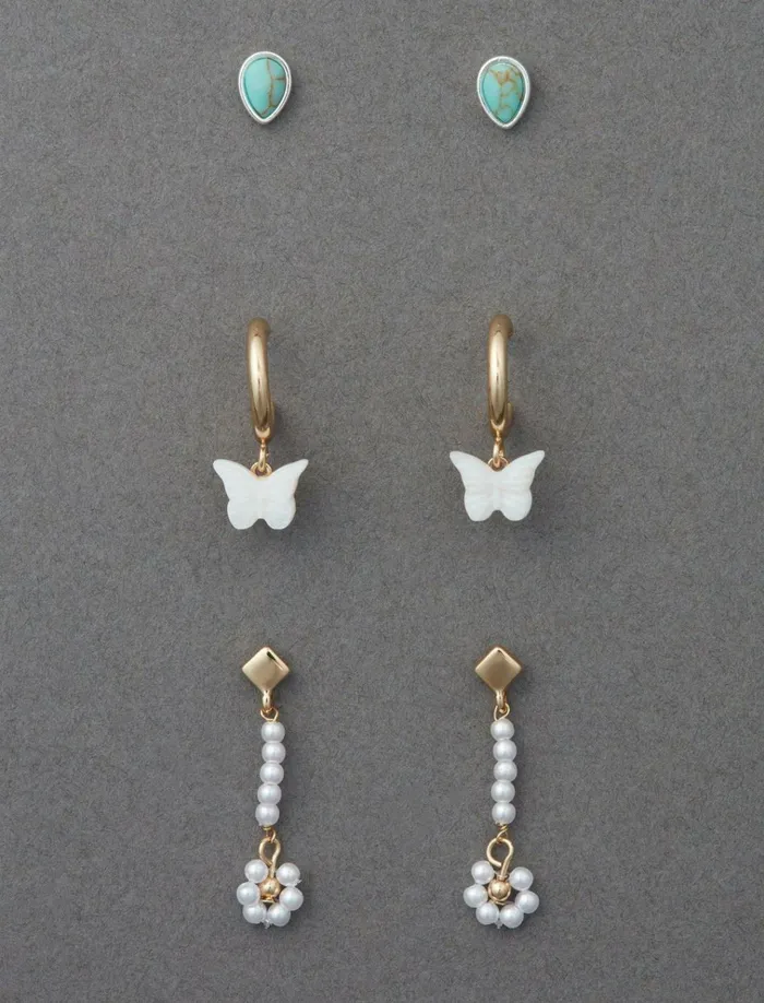 Pearl And Butterfly Earring Trio Two Tone Women Lucky Brand Jewelry