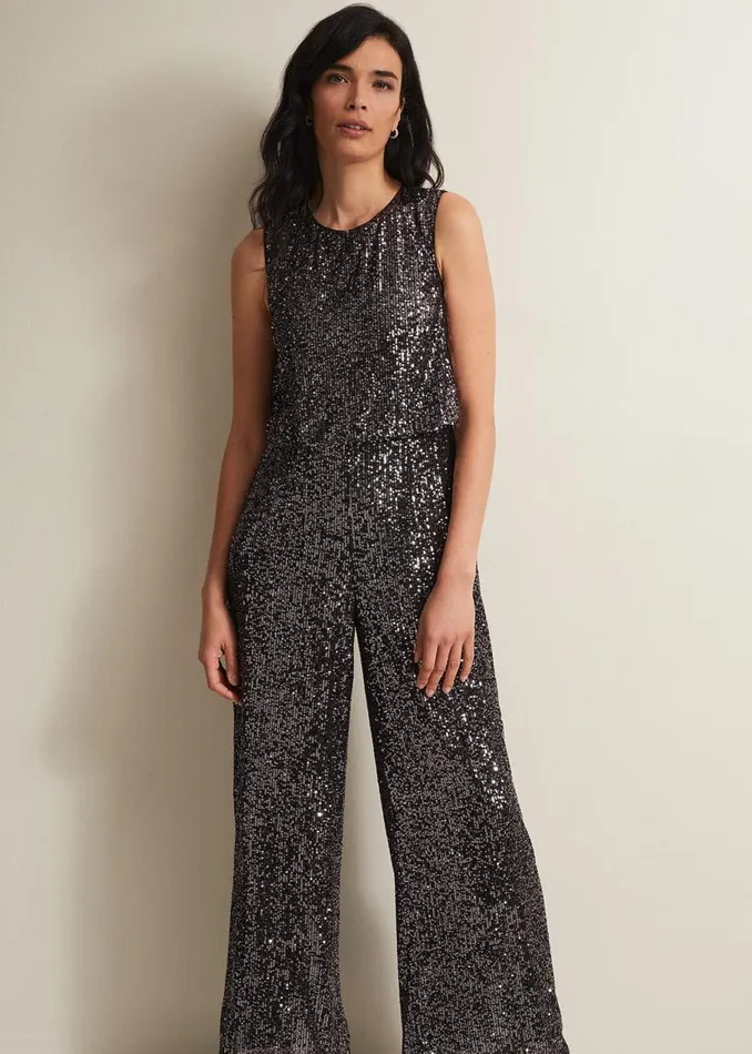 Phase Eight Dresses Aubrey Sequin Wide Leg Jumpsuit Gunmetal 8211 Women