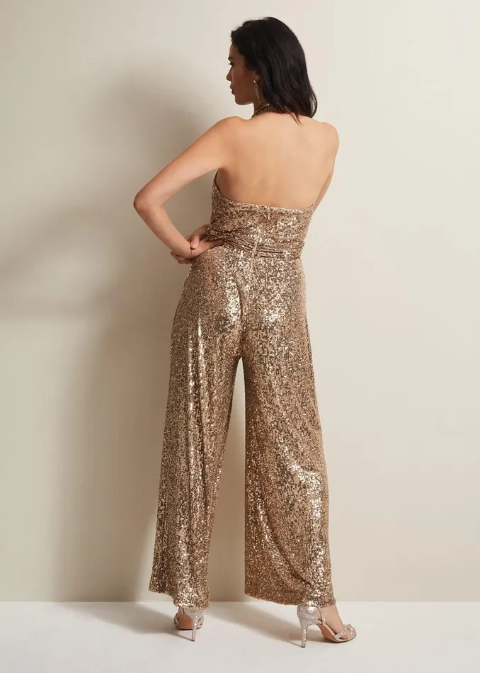 Phase Eight Dresses Clarabella Gold Sequin Halterneck Jumpsuit Gold 8211 Women