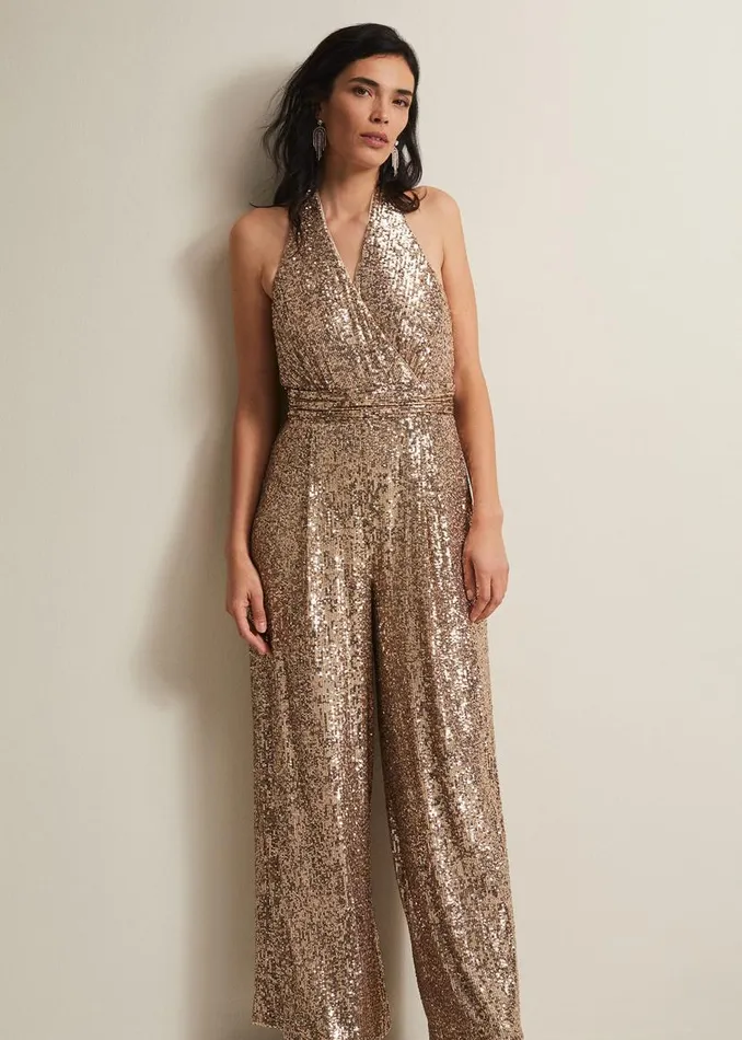 Phase Eight Dresses Clarabella Gold Sequin Halterneck Jumpsuit Gold 8211 Women