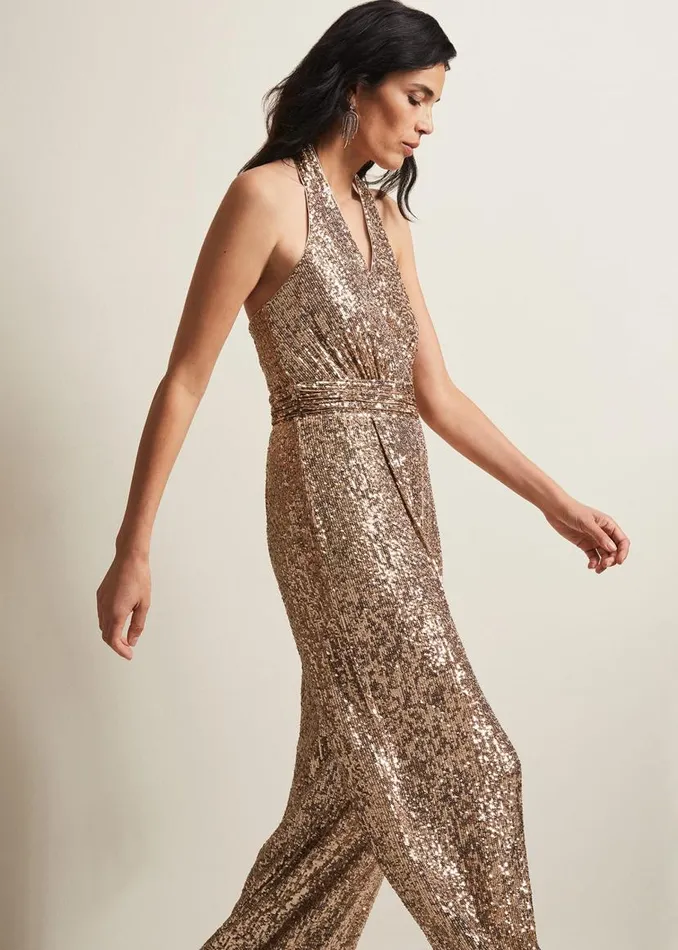 Phase Eight Dresses Clarabella Gold Sequin Halterneck Jumpsuit Gold 8211 Women