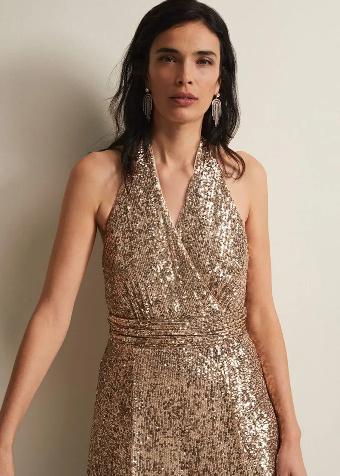 Phase Eight Dresses Clarabella Gold Sequin Halterneck Jumpsuit Gold 8211 Women
