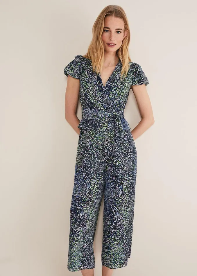 Phase Eight Dresses Leora Wrap Printed Plisse Jumpsuit Navymulti 8211 Women