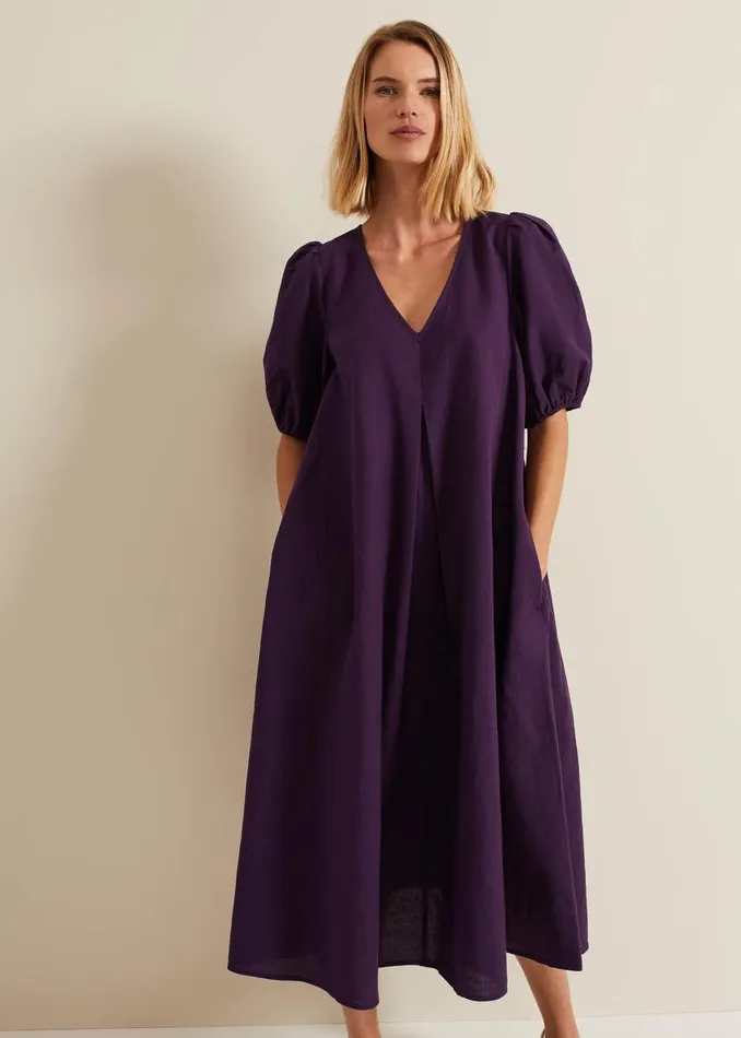 Phase Eight Dresses Lotty Puff Sleeve Midi Dress Purple 8211 Women