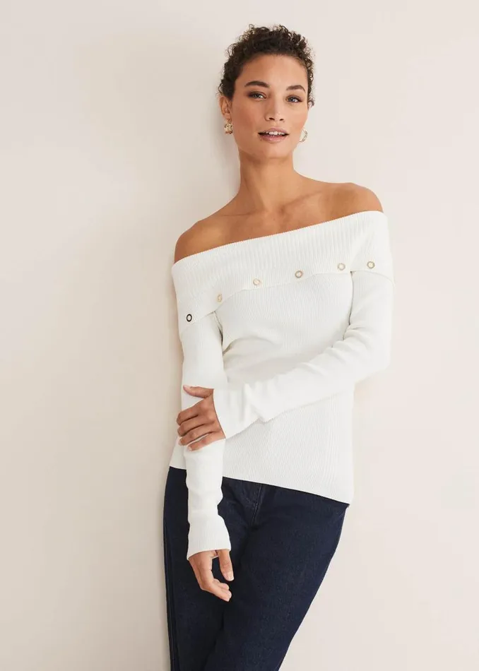 Phase Eight Knitwear Mirelle Bardot Embellished Knit Ivory 8211 Women