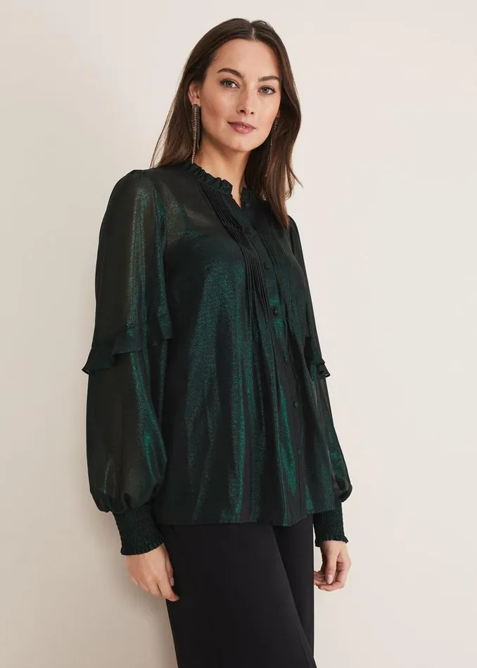 Phase Eight Shirts and Blouses Avis Foil VNeck Blouse Green 8211 Women
