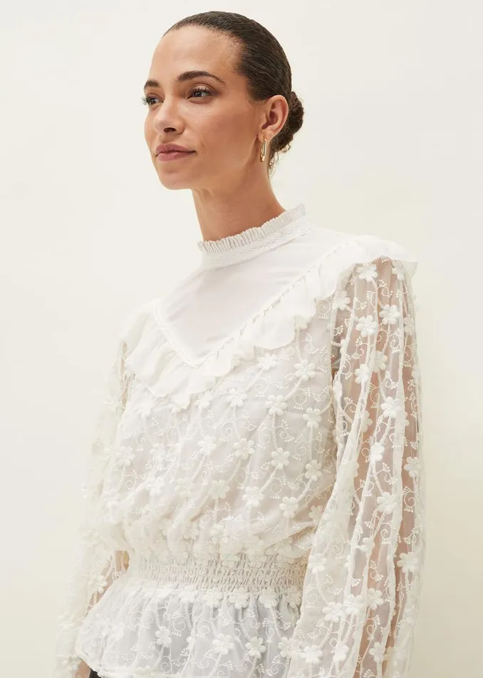Phase Eight Shirts and Blouses Coralina Embroidered Frill Blouse Oyster 8211 Women