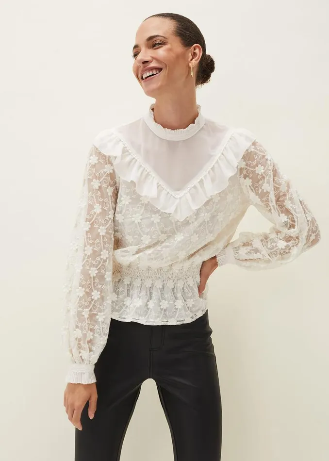 Phase Eight Shirts and Blouses Coralina Embroidered Frill Blouse Oyster 8211 Women