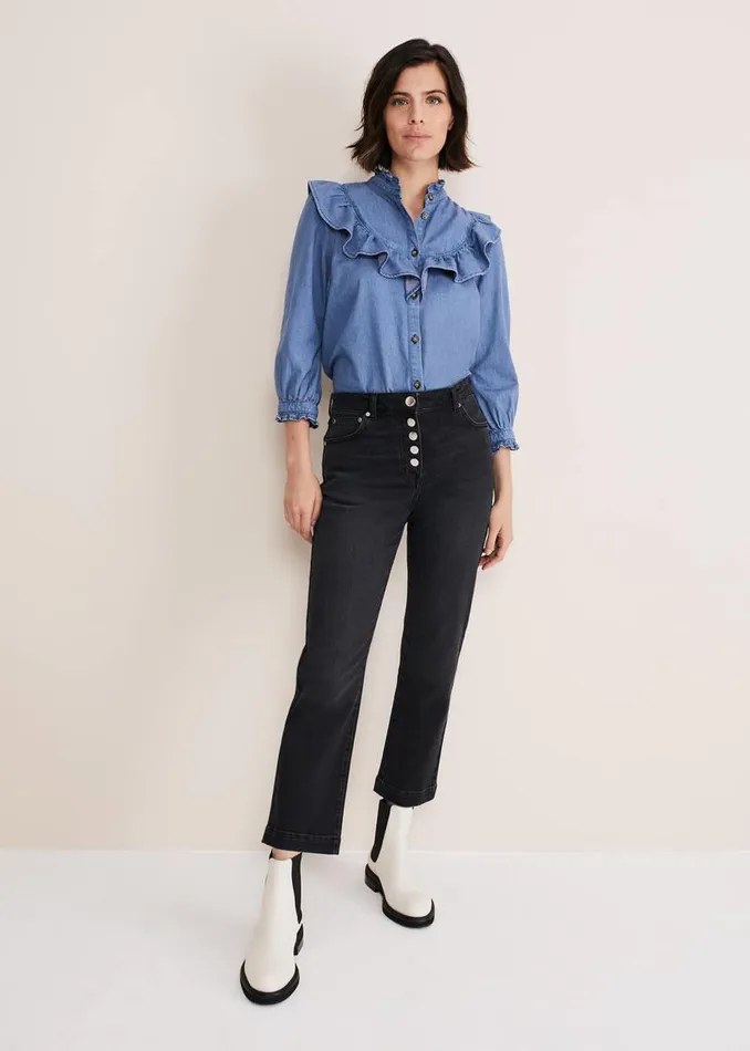 Phase Eight Shirts and Blouses Maryam Ruffle Front Denim Blouse Denim 8211 Women