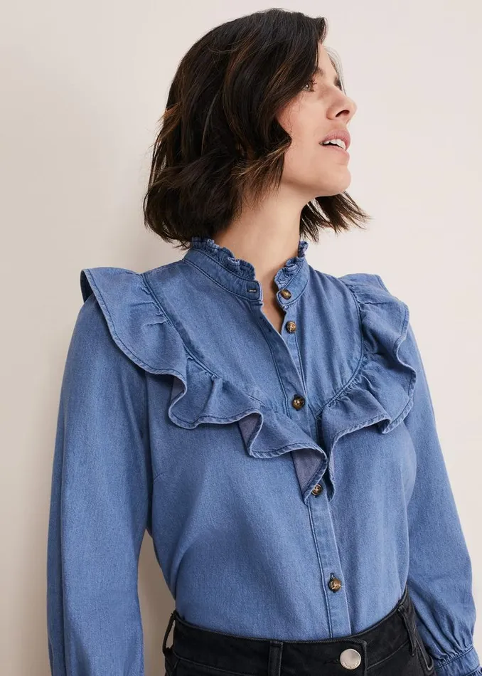 Phase Eight Shirts and Blouses Maryam Ruffle Front Denim Blouse Denim 8211 Women