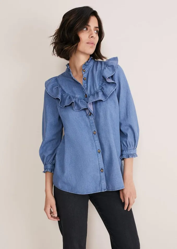 Phase Eight Shirts and Blouses Maryam Ruffle Front Denim Blouse Denim 8211 Women