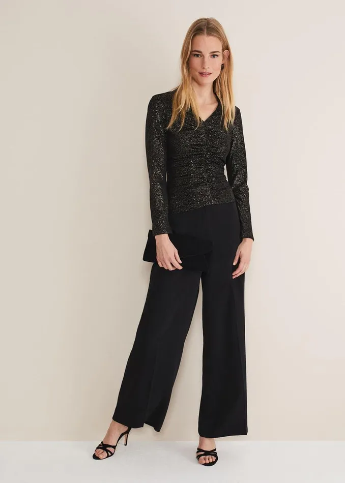Phase Eight Tops and TShirts Marta Ruched Front VNeck Top Blackgold 8211 Women