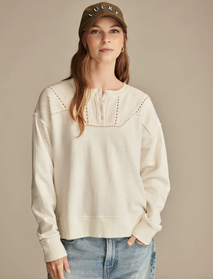 Pintuck Henley Sweatshirt Gardenia Women Lucky Brand Activewear