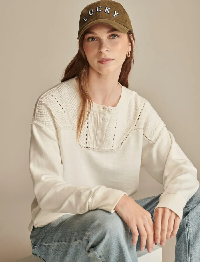 Pintuck Henley Sweatshirt Gardenia Women Lucky Brand Activewear