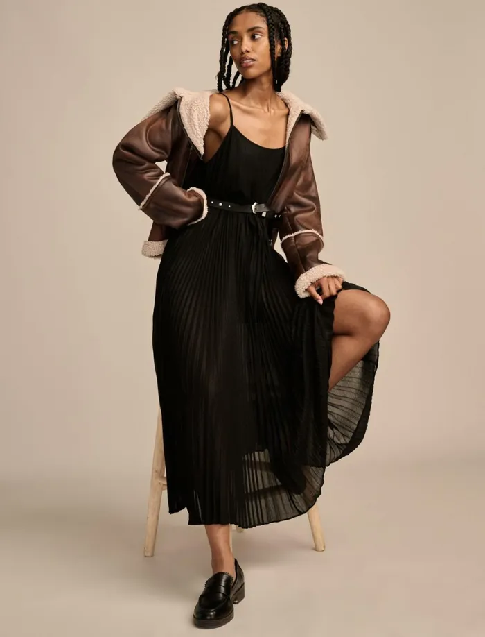Pleated Party Midi Dress 001 Black Women Lucky Brand Dresses