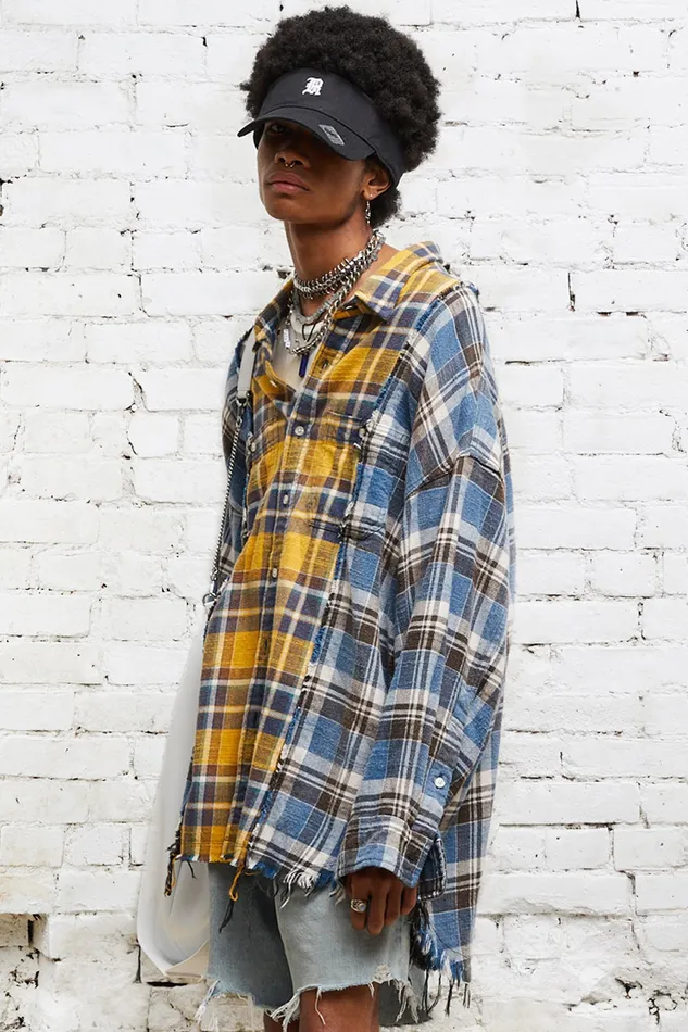 R13 Drop Neck Combo Workshirt 8211 Blue And Yellow Plaid Men Tops And Knitwear