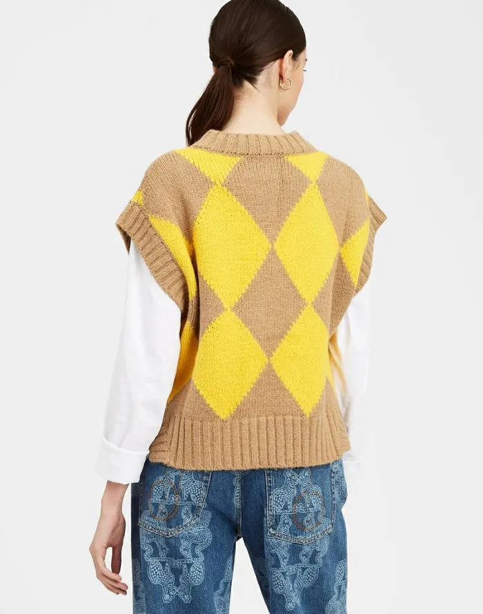 Ready To Wear Knitwear La Double J Argyle Gilet Camelyellow Ready To Wear Knitwear La Double J Argyle Gilet Camelyellow