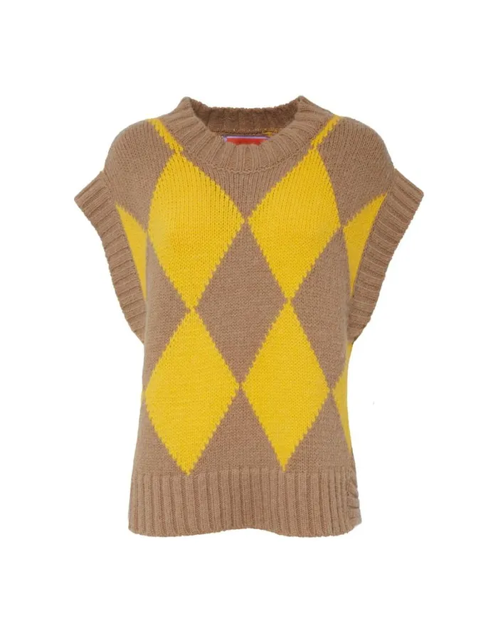 Ready To Wear Knitwear La Double J Argyle Gilet Camelyellow Ready To Wear Knitwear La Double J Argyle Gilet Camelyellow