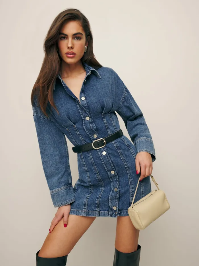 Reformation Dresses Roxanna Cinch Waist Denim Mini Dress Greely 8211 Women