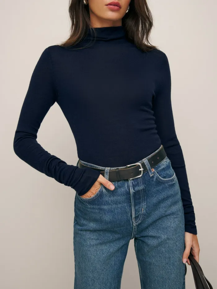Reformation Sweaters Faith Regenerative Merino Fitted Turtleneck Navy 8211 Women