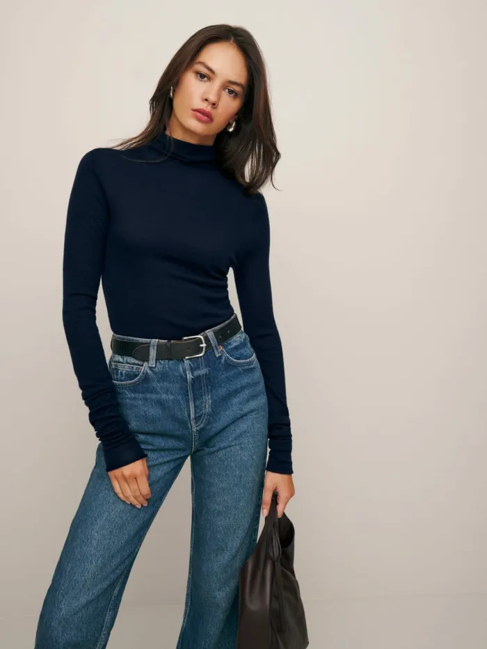 Reformation Sweaters Faith Regenerative Merino Fitted Turtleneck Navy 8211 Women